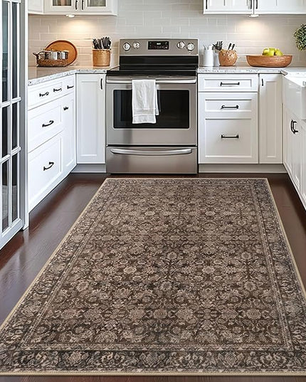 4x6 Washable Rug Rust Reddish Brown Area Rug for Entryway Soft Non-Slip Indoor Door Rugs Distressed Floral Low-Pile Doormat, Neutral Vintage Carpet for Entrance Kitchen Bedside Farmhouse