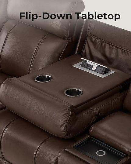 CHITA Genuine Leather Power Recliner Sofa, Wall Hugger Reclining Sofa with Drop Down Table, Console, Power Headrest, Drawers, Charging Ports, Reclining Sectional Couch for Living Room, RV, Dark Brown