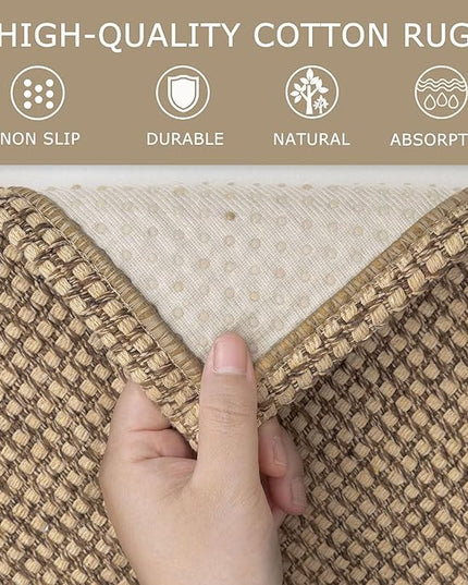 KOZYFLY Area Rug Runner Sets of 2 Pcs 2x3 and 2x6 Washable Kitchen Rugs Non Slip Rubber Backed Hallway Rug Woven Cotton Entrance Rugs for Front Porch Bathroom Kitchen Bedroom, Tan/Orange/Brown