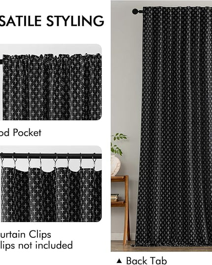 MIULEE Decorative Back Tab Linen Curtains with Geometric Pattern for Living Room Bedroom Farmhouse Rustic Thick Woven Textured Patterned Mudcloth Drapes 84 Inches Long 2 Panels Set, Black