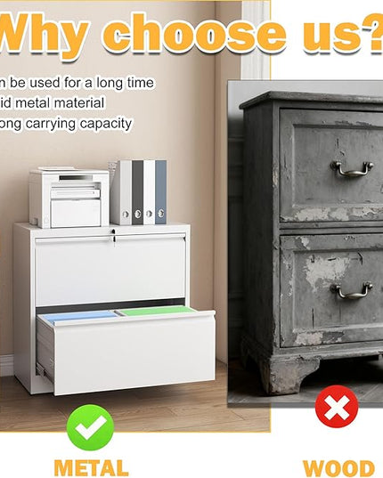 2 Drawer Lateral File Cabinet with Lock, File Cabinet, Metal Lateral Filing Cabinets for Home Office, File Storage Cabinet for Legal/Letter/A4 Documents, Assembly Required (White, 26'W)
