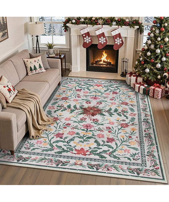 Wonnitar Christmas Rugs for Living Room, Christmas Decor 5x7 Washable Area Rug, Ultra-Thin Red Floral Holly Print Holiday Xmas Decor Non Slip Winter Carpet for Kids Room Bedroom Dining Room