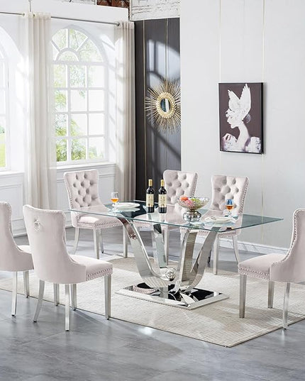 HomVent 70'' Glass Dining Table Set for 6, Modern Rectangle Glass Kitchen Table Set for 6, Kitchen Table and Chairs Set for 6 for Living Room,Kitchen
