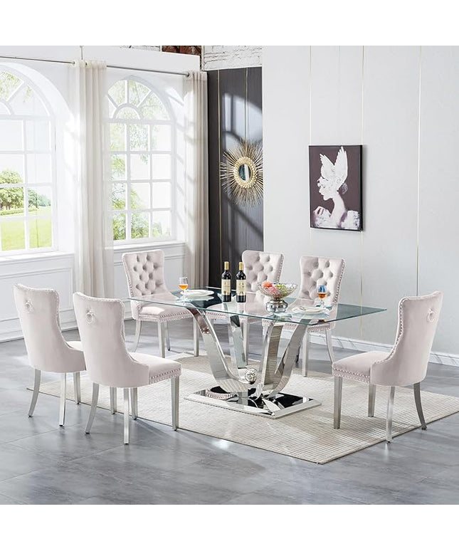 70" Modern Silver Glass Dining Table Set for 6, 7-Piece Rectangle Kitchen Dining Room Table Set with Steel Base & 6 Beige Velvet Upholstered Chairs, Modern Glass Kitchen Table and Chairs Set of 6