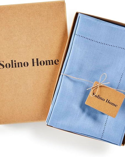 Solino Home Linen Cloth Napkins Set of 4-100% Pure Linen Cornflower Blue Dinner Napkins 20 x 20 Inch - Classic Hemstitch, Handcrafted and Machine Washable - Christmas, Holiday, New Year