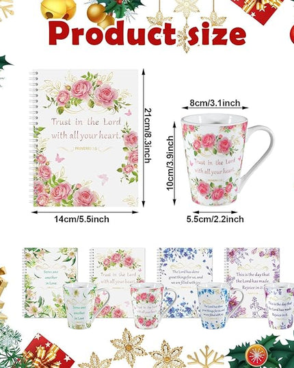 Eaasty 8 Pcs Christian Gifts 4 Ceramic Coffee/tea Mug Set for Women Floral Bible Verse Mug Set 4 Inspirational Religious Writing Notebook Journal with Scripture Religious Spiral Journal for Xmas