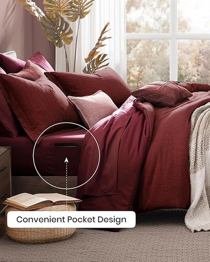 Monbix Queen Comforter Set Red, Cationic Dyeing Reversible Bedding Set 7 Pieces, All Season Bed in a Bag with Sheets, Pillowcases & Shams