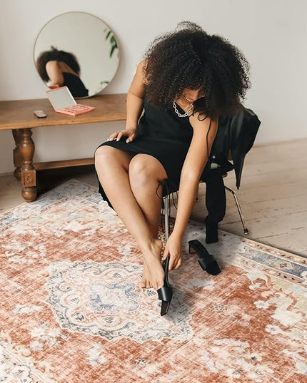 MUJOO 5'x7' Machine Washable Area Rugs for Living Room, Boho, Bedroom Laundry Room Kitchen Non Slip Carpet Abstract Soft Low-Pile Orange Navy Blue Floral.