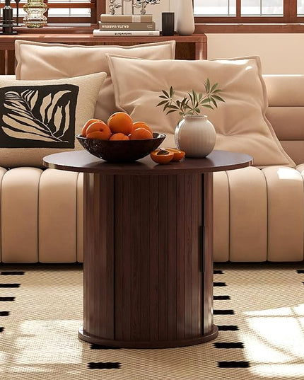 COSVALVE Round Wood Coffee Table 23.6IN with Hidden Storage & Sliding Door, Circle Farmhouse Side Table Sets for Living Room, Bedroom, Balcony, Small Spaces, Walnut