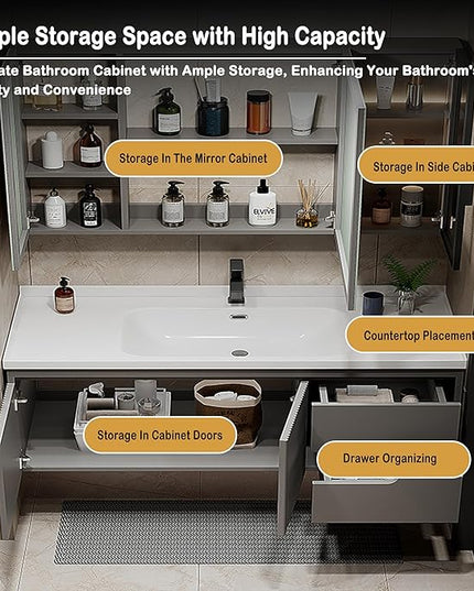 Grey Bathroom Vanity With Sink - 28IN Bathroom Vanity Include Smart Defog Mirror Cabinet & LED Light & 2 Drawers | Side Cabinet Storage Design & Three-Dimensional Stripe Design, Easy to Install