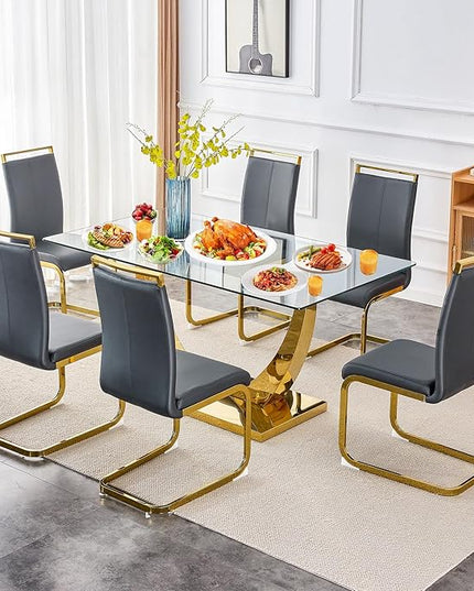63” Glass Dining Table Set for 6,Gold Dining Room Table Set for 6 and PU Leather Chairs for 6, Dinner Table with Rectangle Tempered Glass Top and Golden Base