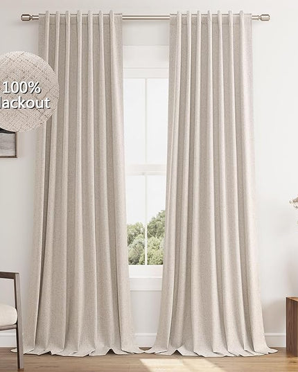 Guken Oatmeal Linen Blackout Curtains 108 Inch Length 2 Panels Set for Living Room Bedroom Back Tab Thermal Insulated 100% Black Out Linen Drapes Room Darkening Window Curtains 108 Inches Long