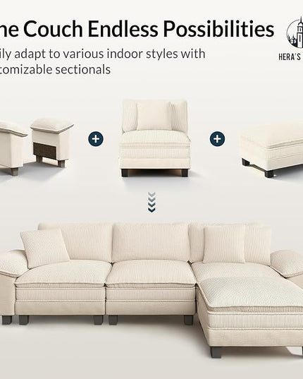 HERA'S HOUSE 158" Modular Sectional Sofa, Oversized U Shaped Couches for Living Room, Comfy Cloud Couch with Ottoman, 6-Seater Deep Seat Sofa with Throw Pillow, Corduroy and Chenille Beige