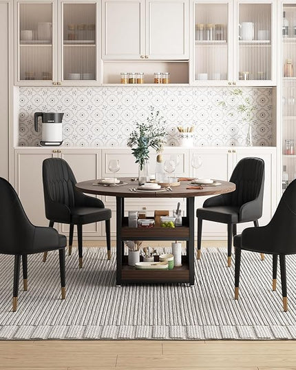 5-Piece Round Dining Table Set for 4 with Storage, Kitchen Table with 4 PU Leather Chairs, Space Saving for Breakfast Nook, Dinette, Dining Room (Walnut Dining Table-4 Black Chairs)