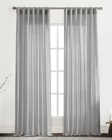 XTMYI Light Grey Curtains for Living Room Bedroom,Linen Boho Back Tab Pleated Sheer Curtain Set of 2 Panels,90 Inches Long