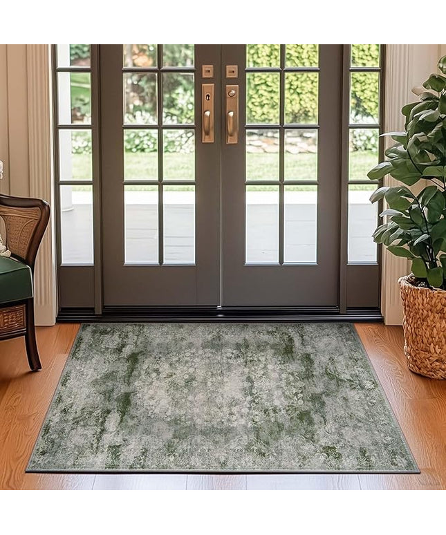 jinchan Green Floral 3x5 Area Rugs for Entryway - Machine Washable Vintage Distressed Design Low-Pile Soft Non-Shedding Christmas Carpet for Kitchen Bedside Laundry Living Room (3x5ft, Forest Green)
