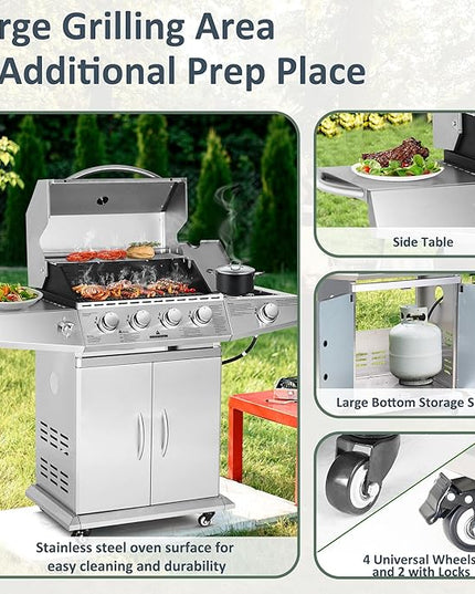 Polar Aurora Propane Gas Grill 4 Burners with Side Burner, Stainless Steel Grill Cart with Wheels for Outdoor Patio Garden Backyard Cooking bbq Grill
