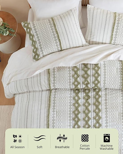 Ink+Ivy Comforter for King Size Bed, Chenille Tufted, Breathable Cotton Comforter Set, All Season Modern Boho Comforter with Farmhouse Bedding Flare, 2 Matching Shams, King Sage Green/Ivory 3 Piece