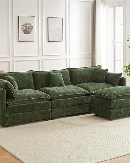 Modular Sectional Sofa, 112.2 Inch L Shaped Couch Set with Armrests, 3-Seater Comfy Cloud Couches with Movable Ottoman for Living Room Apartment, Green Sofa