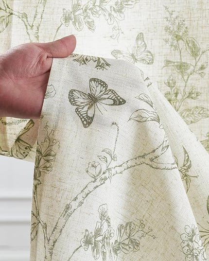 Lazzzy Green Floral Linen Farmhouse Curtains 84 Inch Length Drapes for Living Room Bedroom Pattern Light Filtering Country Vintage Curtain Grommet Top, 2 Panels, Green on Beige