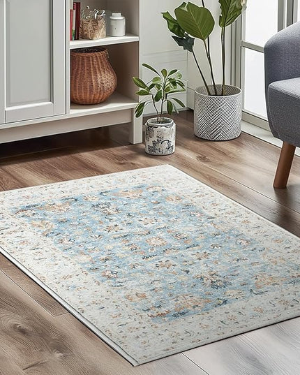 jinchan Area Rug 4x6 Bedroom Rug - Washable Vintage Boho Floral Print Lightweight Low Pile Thin Non-Slip Floor Cover Retro Distressed Carpet for Living Room Dining Room Kitchen Office Light Blue