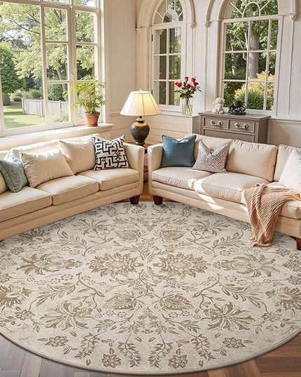 jinchan Torino Classic Floral Round Rug 8ft, Vintage-Inspired Neutral Design 8’Circle Rug, Machine Washable Ultra-Thin Low-Pile Non-Slip Indoor Carpet for Bedroom Dining Room Living Room, Taupe