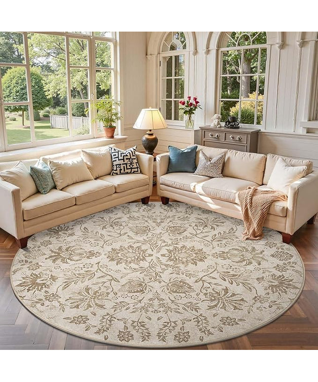 jinchan Torino Classic Floral Round Rug 8ft, Vintage-Inspired Neutral Design 8’Circle Rug, Machine Washable Ultra-Thin Low-Pile Non-Slip Indoor Carpet for Bedroom Dining Room Living Room, Taupe