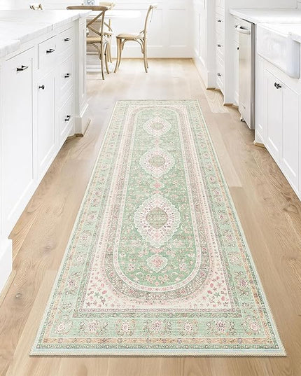 Washable Runner Rug 2x8,Green Rug Runners Non Slip,Long Boho Rugs for Hallways Kitchen Bedroom Entryway Living Room Bathroom,Vintage Bohemian Distressed Oriental Floor Carpet,Sage Blush Floral