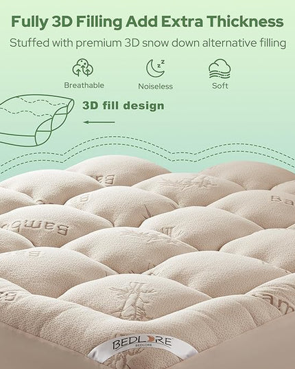 BEDLORE Twin XL Mattress Topper Viscose Derived from Bamboo, Thick Pillow Top Mattress Pad with Deep Pockets for 6-15 inches Mattress, Soft Mattress Topper College Dorm Size for Back Pain(Beige)