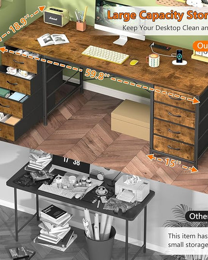 60 Inch Computer Desk with 8 Drawers, Home Office Desk with Power Outlets, Work Study Gaming Desk with 8 Fabric Drawers, Rustic Brown