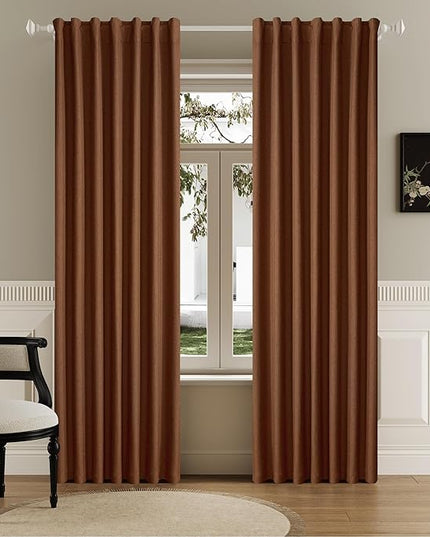 DUALIFE 90 Inch Rust Curtains Blackout Boho, Thermal Insulated Curtains for Summer Heat for Bedroom Living Room Linen Pleated Drapes 90 Inches Long Rod Pocket(50W x 90L x 2 Panels) Terracotta