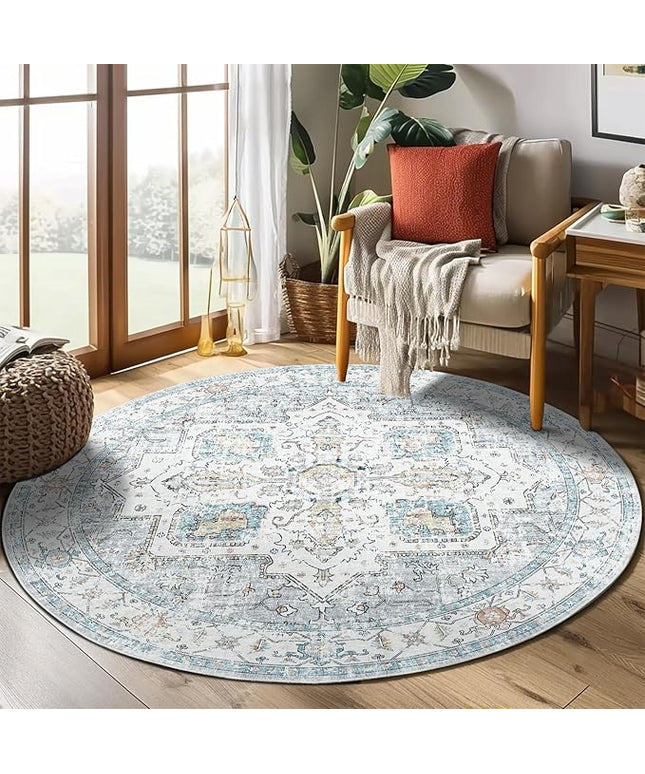 jinchan Round Rug 4ft Area Rug - Machine Washable 4'Circle Vintage Floral Non-Slip with Rubber Backing Ultra-Thin Low-Pile Carpet for Living Room Dining Room Entryway (4'Round, Grey/Blue)