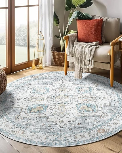 jinchan Round Rug 5ft Area Rug - Machine Washable 5'Circle Vintage Floral Non-Slip with Rubber Backing Ultra-Thin Low-Pile Carpet for Bedroom Living Room Dining Room Entryway (5'Round, Grey/Blue)