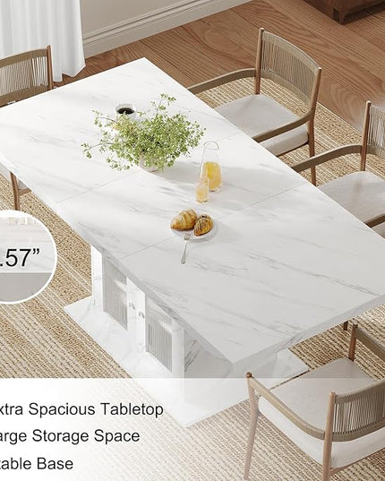 HSH Dining Table for 4–6, 63" Modern Kitchen Dining Room Table with Storage Shelves & Acrylic Door Cabinet,Wood Rectangle Dinner Table with Faux Marble Top for Home Apartment, White Faux Marble