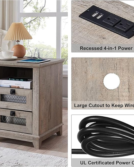 Nightstand with Charging Station,OKD 18'' Industrial & Farmhouse End Table with 2 Drawers & Open Cubby, Rustic Mesh Drawer Sofa Side Table w/Storage for Bedroom, Living Room, Office, Light Rustic Oak