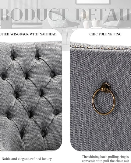 SoarFlash Linen Fabric Dining Chair Set of 2, Upholstered Tufted Dining Room Chair with Nailhead Trim, Solid Light Color Wood Leg for Kitchen (Smoky Gray)