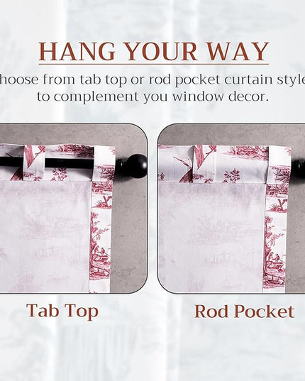 Maison d' Hermine Curtains for Living Room 100% Cotton 108 inch Length Two Panels Light Filtering Toile Curtains for Bedroom with Rod and Loop Pockets (Calais Red (White Background), 50" W x 108" L)