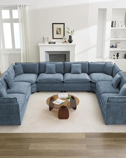 147'' Oversized U Shaped Cloud Sectional Sofa, Chenille Deep Seat Couches for Living Room, Comfy Upholstered Modular Sectional Sofa Couch, Blue