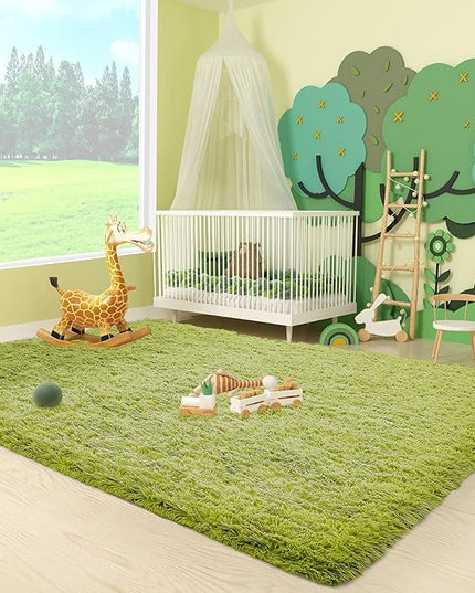 Ophanie Green Grass Area Rugs for Bedroom, 3x5 Shag Fluffy Carpet, Fuzzy Furry Plush Soft Cute Kids Baby Girls Shaggy Bedside Floor Rug for Teen Dorm Nursery Home Decor Aesthetic