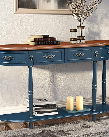 HMFULE Retro Curved Console Table, 52" Half Moon Sofa Entryway With 2 Drawers 1 Open Shelf, Solid Pine Legs for Living Room, Hallway, Navy Blue