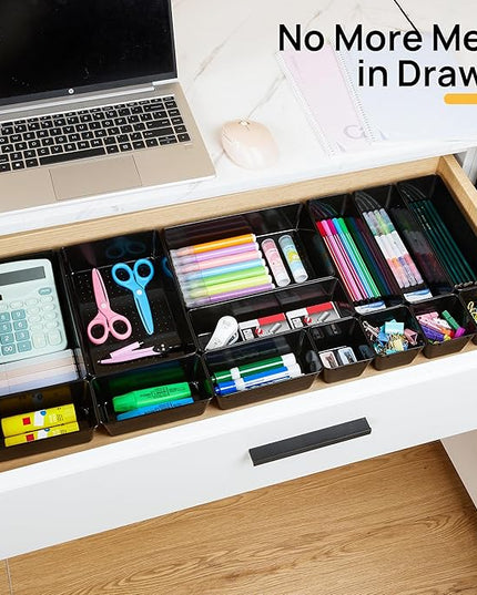 Vtopmart 25 PCS Office Desk Drawer Organizers Set, 4-Size Versatile Plastic Drawer Organizer Trays, Storage Bins for Desk Accessories Office Organizers and Storage, Bathroom, Makeup, Vanity, Black
