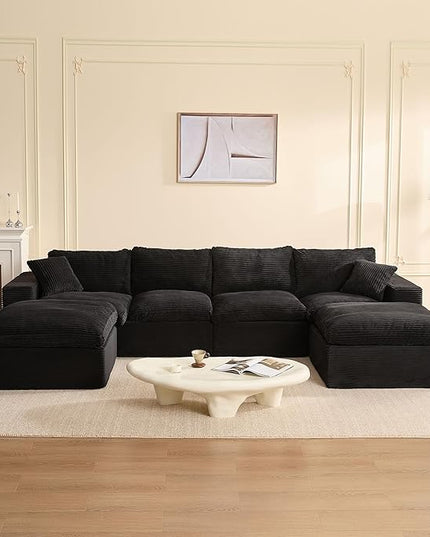 137.8” Sectional Couches for Living Room, Cloud Couch, Modular Sectional Sofa, Convertible Sofas Bed, Deep Seat Sofa, U Shaped Cozy Sofa Furniture Set, Corduroy, Black