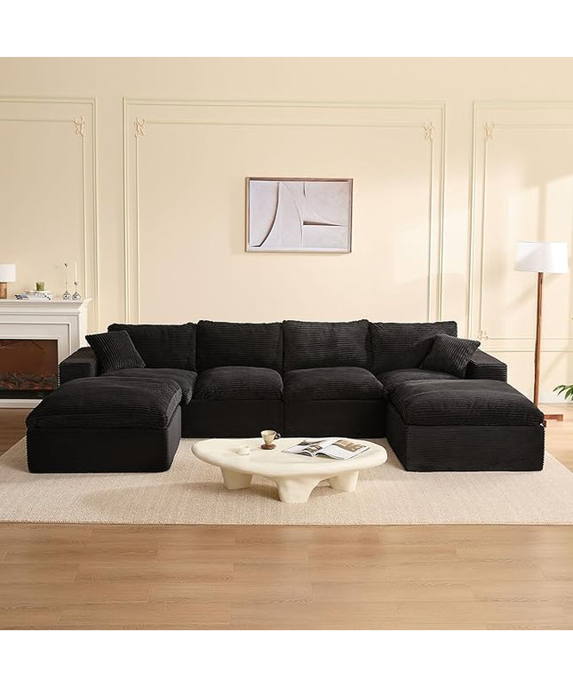 137.8” Sectional Couches for Living Room, Cloud Couch, Modular Sectional Sofa, Convertible Sofas Bed, Deep Seat Sofa, U Shaped Cozy Sofa Furniture Set, Corduroy, Black
