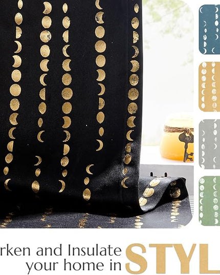 jinchan 95% Blackout Boho Curtains 84 Inch Long for Bedroom Christmas Curtains Moon Phases Printed Festive Holiday Golden on Black Drapes Rod Pocket Back Tab Curtains 2 Panels