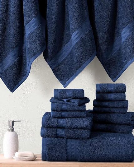 LANE LINEN 100% Cotton Luxury Towel Set for Bathroom - 16 Pieces, Ring Spun - Plush, Soft & Highly Absorbent - 4 Shower Towels, 8 Washcloths, 4 Hand Towels - Complete Bathroom Towel Set - Navy Blue