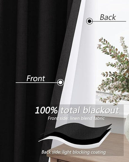 Guken Black Linen Blackout Curtains 72 Inch Length 2 Panels Set for Living Room Bedroom Back Tab Thermal Insulated 100% Black Out Linen Drapes Room Darkening Window Curtains 72 Inches Long