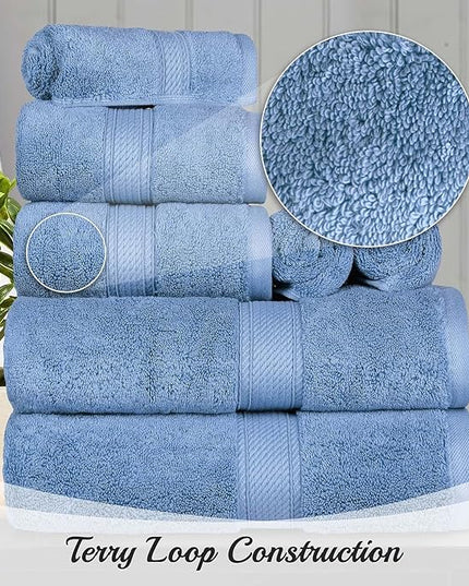 Superior Egyptian Cotton Pile 9 Piece Towel Set, Includes 3 Bath, 3 Hand, 3 Face Towels/Washcloths, Ultra Soft Luxury Towels, Thick Plush Essentials, Guest Bath, Spa, Hotel Bathroom, Denim Blue