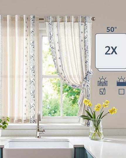 jinchan Winslow Linen Curtains 45 Inch Length Small Window Curtains Embroidered Bordered Floral Drapes Light Filtering for Bathroom Laundry Room Kitchen Farmhouse Decor Blue on Beige 2 Panels