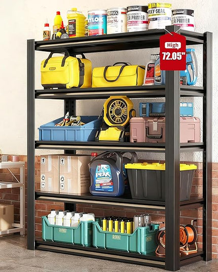 72" H Garage Shelving, Metal Storage Shelves, Adjustable 5 Tier Storage Rack, Heavy Duty Shelving, Industrial Utility Shelf for Garage, Warehouse, Bedroom, Kitchen,16" D×36" W×72" H, Black