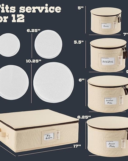 Hard Shell China Storage Containers 5-Piece Set Moving Boxes for Dinnerware, Glasses, Plates, Mugs and Saucers Sturdy Dish Organizer with Dividers for Seasonal Storage - Service for 12 - Beige